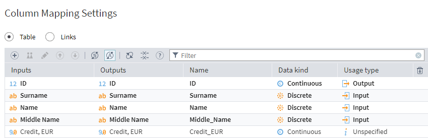 Column mapping of the Duplicates and Contradictions node